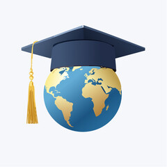 Globus Ziemi w czapce absolwenta. Koncepcja edukacji międzynarodowej i globalnych studiów.
