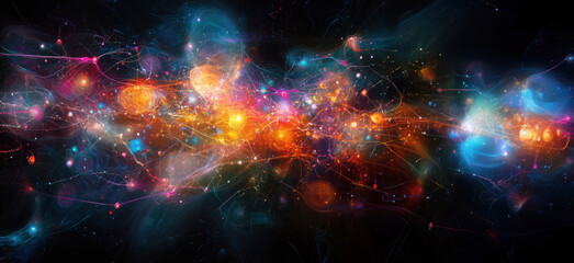 Fototapeta premium Colorful abstract cosmic background with glowing particles and light trails, for template design