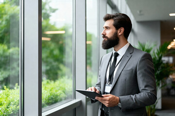 Fototapeta premium Bearded businessman looking out modern office window