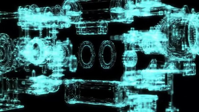 Futuristic SciFi Engine Blueprint Rotating as a Glowing Cyan Digital Hologram Animation.