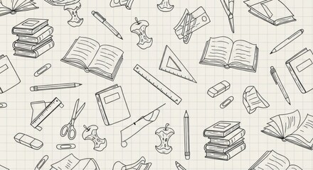 Whimsical back to school pattern with books, pencils, and apple cores on a light grid background for creative projects and educational designs