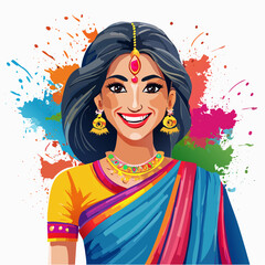 Szczęśliwa indyjska kobieta w tradycyjnym stroju sari. Koncepcja festiwalu Holi i indyjskiej kultury.