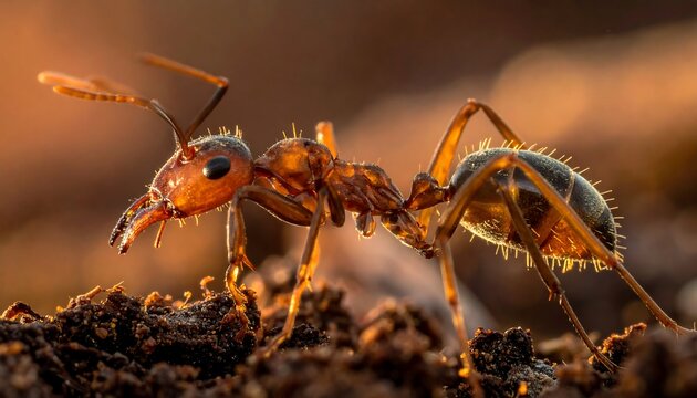 Close-up of a reddish-brown ant on soil