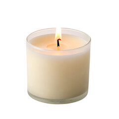 Burning candle in glass jar Light and shadow Relaxation concept White background