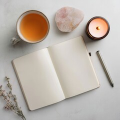 Tea, Candle, Notebook, Crystal, Pen on White Background.