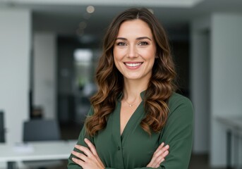 Fototapeta premium Smiling professional woman with brown wavy hair wearing a green blouse standing with arms crossed in a brightly lit office setting