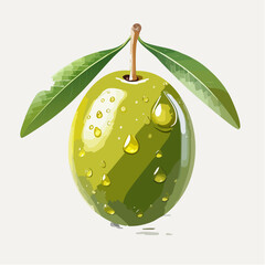 Akwarelowa ilustracja zielonej oliwki z kroplami oliwy. Koncepcja kuchni śródziemnomorskiej i zdrowego odżywiania.