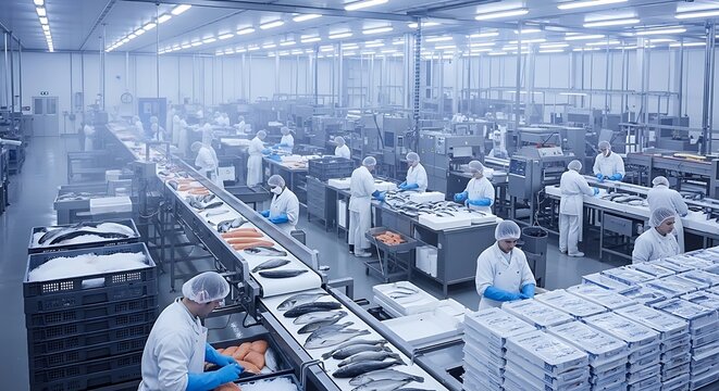 Fish Processing Plant - Workers Preparing Seafood for Distribution.