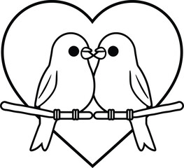 Love birds sitting on branch inside heart, romantic valentines design
