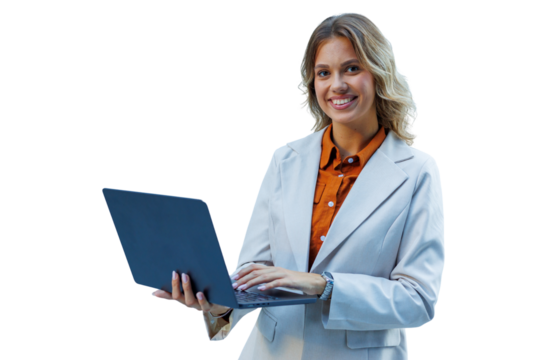 Businesswoman smiling and holding laptop, engaging in remote work, online learning, and digital communication on transparent background - Powered by Adobe