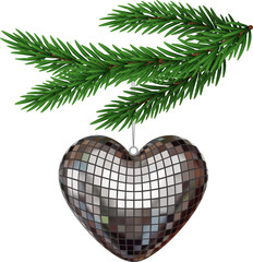 isolated christmas decoration. heart shaped disco ball. christmas ornament with pine branch