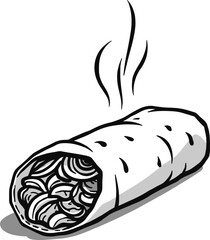 Hot steaming burrito wrap, delicious Mexican street food snack
