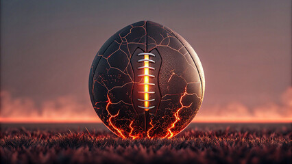 Futuristic cracked football glowing with light energy on field at sunset