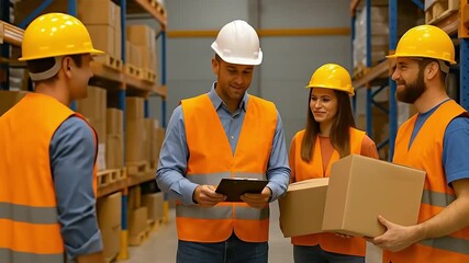 Diverse warehouse team in safety vests and hard hats collaborating on logistics, inventory management, and distribution with a supervisor using a d... - Powered by Adobe