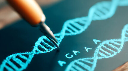 Close-up of a pen pointing to a DNA double helix diagram with genetic sequence on dark surface