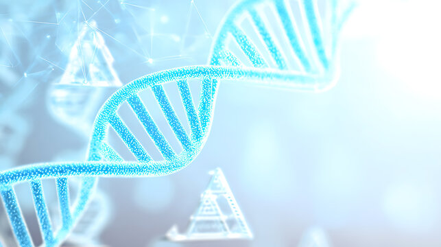 Double helix DNA structure with glowing blue strands and molecular background - Powered by Adobe