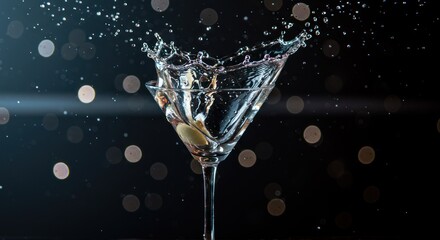 Martini glass with splash and olive against a dark bokeh background.
