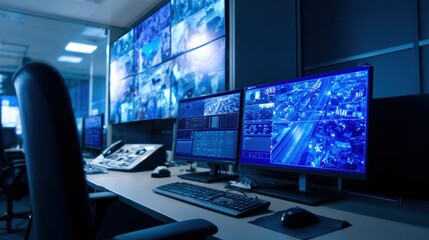 Naklejka premium High-tech control room featuring multiple screens displaying data and city surveillance at night