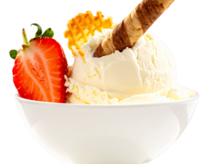 Vanilla Ice Cream with Wafer Stick and Strawberry PNG