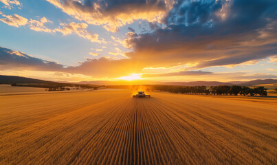 Obraz premium Golden wheat field at sunset with combine harvester working in the distance, for template design