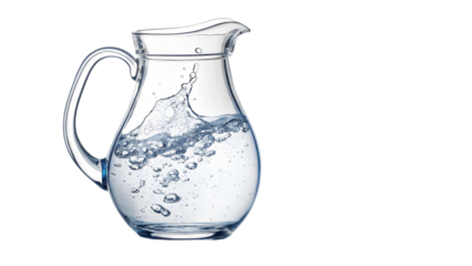 Water Pitcher with splashing water Glass beverage container Refreshing drink concept Studio shot on white background