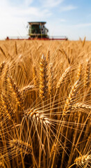Close-up of golden wheat stalks in a field, with a combine harvester blurred in the background, showcasing the harvest season and agricultural abundance