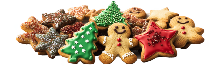 Festive Christmas Cookies on Plate with Gingerbread Men and Decorative Shapes, for design template