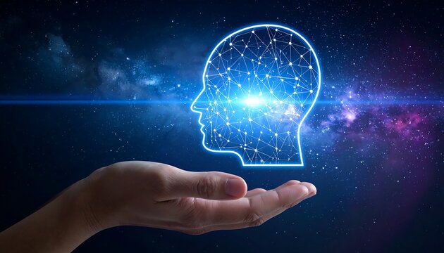 A glowing head outline in a hand, cosmic background - Powered by Adobe