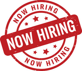 A bold red stamp announces 'Now Hiring', signaling job openings. Ideal for recruitment campaigns, it conveys opportunity and invites applications. Apply now, don't miss out!