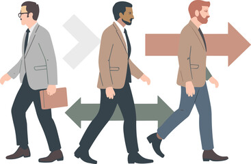 Fototapeta premium Businessmen walking in different directions, career choice concept, decision-making metaphor, arrows showing path, corporate lifestyle, professional movement, urban background