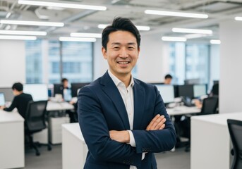 Fototapeta premium Confident asian businessman with arms crossed smiling in a modern well lit office environment with colleagues working in the background