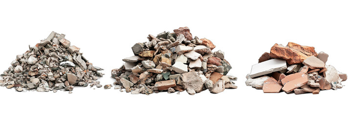 Construction debris piles showcasing various types of broken materials and rubble, for design template