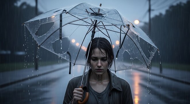 Woman walking in the rain with a transparent umbrella.