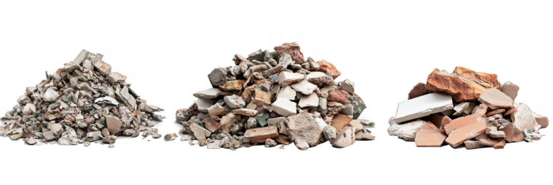 Construction debris piles showcasing various types of broken materials and rubble, for design template