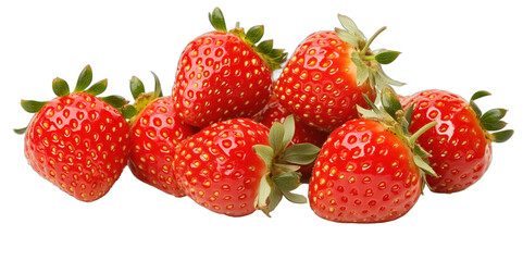 Fresh ripe strawberries piled together showcasing vibrant red color and green leaves, clean PNG