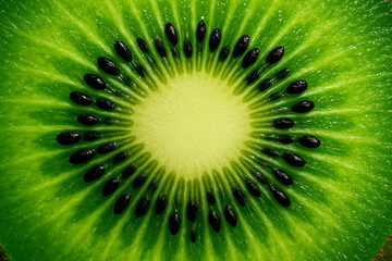Macro photography of a kiwi fruit cross-section, vibrant green with tiny black seeds, sharp details