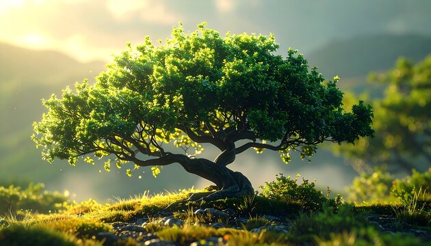 Lush tree on a misty mountaintop - Powered by Adobe