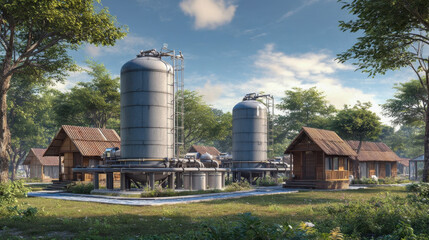 Tall cylindrical biogas tanks among wooden houses in a green eco-village, a concept for renewable energy and sustainable living