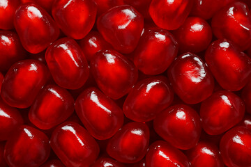 Extreme close-up of pomegranate seeds, juicy ruby red crystals shining with freshness”