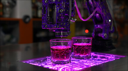 Robotic arm dispensing liquid into glasses under purple lighting in a lab setting