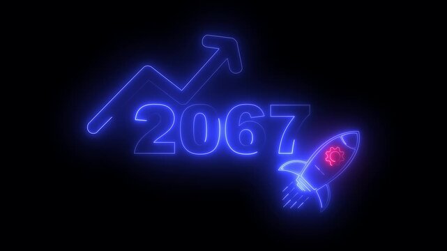 Blue neon 2067 year with upward arrow graph and rocket ship icon on black background new year