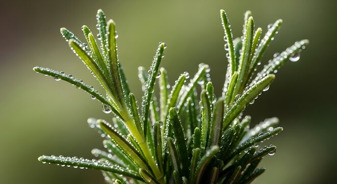 Rosemary plant with water droplets in close-up shot.
