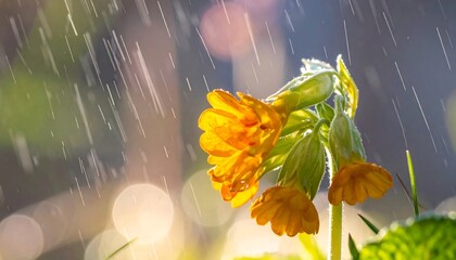 A vibrant yellow flower in the rain