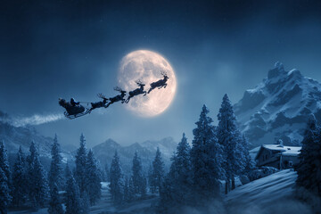 Santa Claus flies across the night sky in a sleigh with reindeer. Shining moonlight. Magical Christmas scene. Winter forest. New Year's Eve.