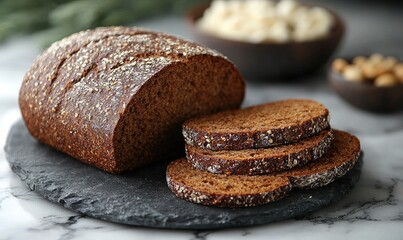 Sliced dark bread on a slate board