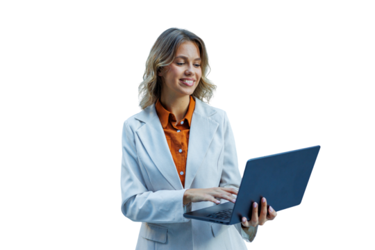 Young businesswoman smiling, working on laptop, managing business remotely, finding success and achievement