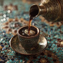 Traditional Arabic coffee poured into an ornate cup on a vibrant mosaic surface