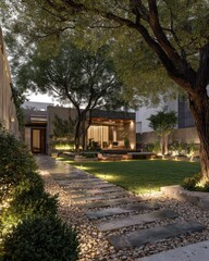 Fototapeta premium Modern, landscaped backyard at twilight, featuring a pathway of flagstones and gravel, illuminated by subtle outdoor lighting.