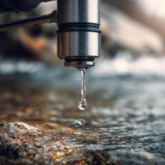 Water droplet falling from a metal industrial pipe into a natural flowing stream.