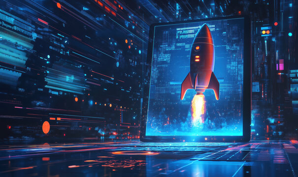 Futuristic rocket launching from laptop screen in digital environment with vibrant colors, high resolution photo